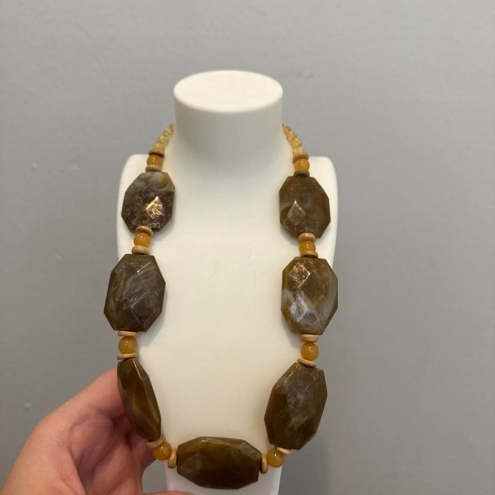Chunky Brown Plastic Beaded Necklace Faceted Statement Boho Retro Earth Tone